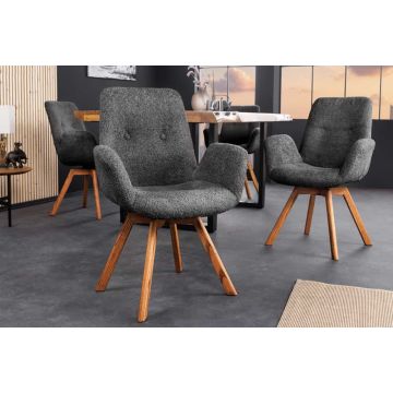 Draaibare Designstoel Donkergrijs Bouclé Naturel Eikenhouten Poten met Armleuningen - 45165