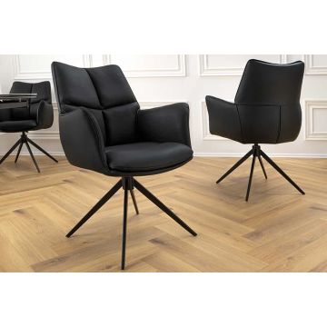 Draaistoel Papillon Zwart Echt Leer Zwart Metalen Frame met Armleuningen - 45184
