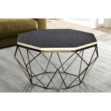 Salontafel Diamond Bone Inlay 70cm Rek Metaal Messing Buffelbotten Tafelblad  Zwart Wit - 45215