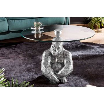 Ronde Salontafek Wildlife Kong 60cm Zilverkleurig Metalen Glazen Apenbeeldje Gorilla Sculptuur Handgemaakt - 45435