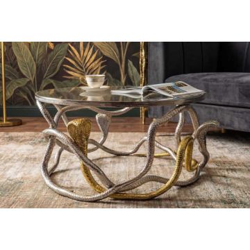 Ronde Salontafel Slang 70cm Goud Zilver Metalen Slangensculptuur Glazen Blad - 45742