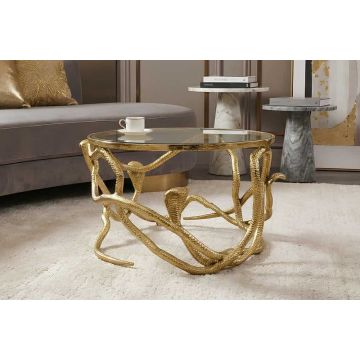 Ronde Salontafel Slang 70cm Goud Metalen Slangensculptuur Glazen Blad - 45743