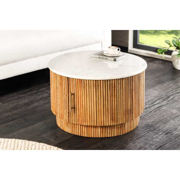 Ronde Salontafel Tres Chic 60cm Wit Marmer Natuurlijk Mangohout met Opbergruimte - 45753