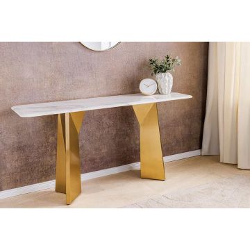Sidetable Extravagancia 140cm Wit Marmer Geborsteld Champagne Goud Metaal - 45936