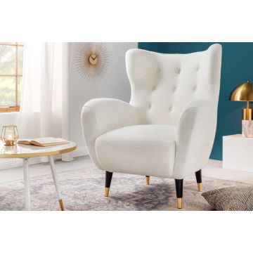 Vleugelstoel Retro Design Fauteuil Don Wit Bouclé Veerkern Gouden Poten - 45970  