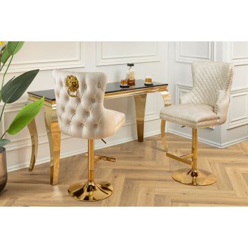 In Hoogte Verstelbare Barkruk Castle met Leeuwenkop Handvat Fluweel Beige Gouden Poten in Barokstijl - 46149