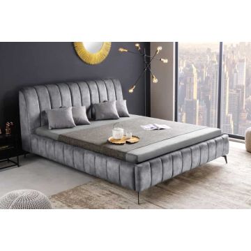 Retro Bed Amsterdam 160x200cm Grijs Fluweel Zwart Metalen Gestoffeerd Bed - 46163