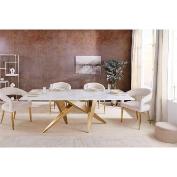 Design Eettafel Art Living 200cm Wit Marmer Geborsteld Metaal Champagne Goud - 46202