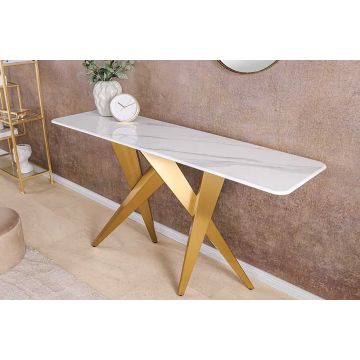 Design Sidetable Art Living 140cm Wit Marmer Keramiek Champagne Goud Geborsteld - 46202