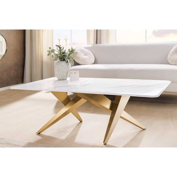 Moderne Salontafel Art Living 130cm Wit Marmer Keramiek Champagne Geborsteld Goud - 46204