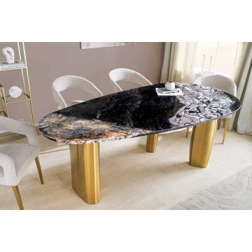Design Eettafel Organic 200cm Grijs Wit Bruin Marmer Natuursteen Metaal Geborsteld Goud - 46205