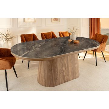 Eettafel Unique 200cm Ovaal Frame Gefineerd Notenhout Grijs Marmeren Blad - 46380