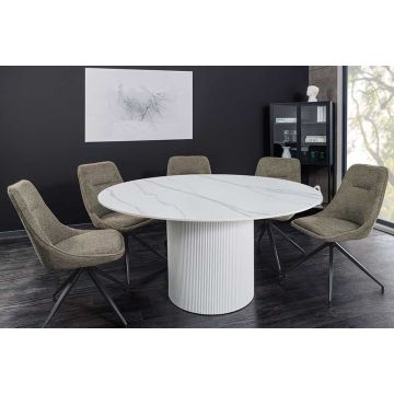 Eettafel Unique 120cm Rond Wit Frame Keramisch Wit Marmeren Blad - 46383