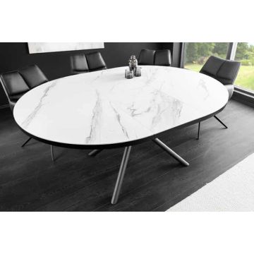 Eettafel Mikado 120-160cm Rond Uitschuifbaaar Marmerlook Wit Keramiek Gehard Glas - 46503