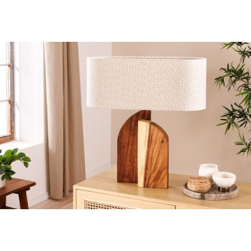 Massieve Tafellamp Lovers 60cm Regenboomhout met Witte Bouclé Kap