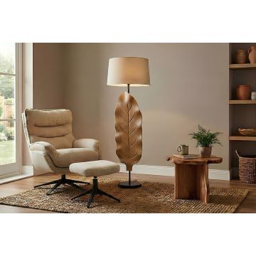 Massief Houten Vloerlamp Leaf Beige 130cm Teakhout Bladmotief met Stoffen Lampenkap