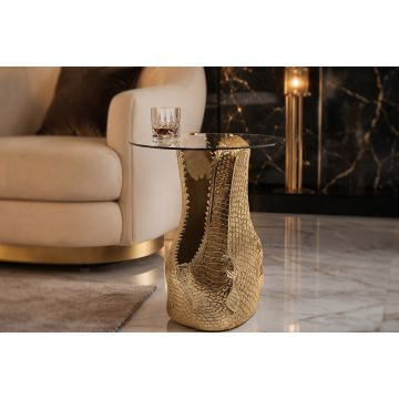 Design Bijzettafel Wildlife Crocodile Goud Ø46cm Glas met Krokodil Sculptuur