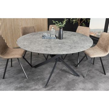 Ronde Eettafel Helix Grijs Steenlook Ø120cm met Zwart Metalen Sterframe