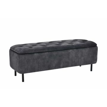 Extravagante Gestoffeerde Bank en Vogue 120cm Grijs Fluweel met Opbergruimte Zwarte Metalen Poten - 47654