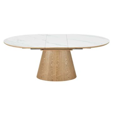 Uitschuifbare Eettafel Unique 160-200cm Wit Natuurlijk Eikenhout Keramische Marmeren Kolomvoet - 47658