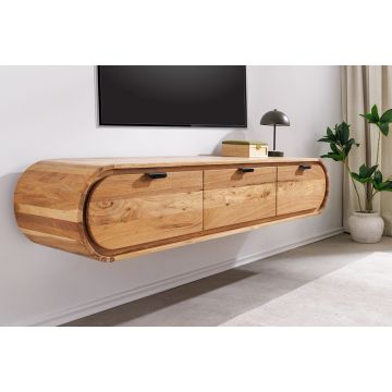 Hangend Massief Houten TV-meubel Organic 160cm Acaciahout met Zwarte Metalen Handgrepen
