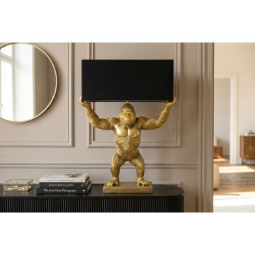 Handgemaakte Tafellamp King Ape Zwart Goud 65cm Stof met Apen-Sculptuur