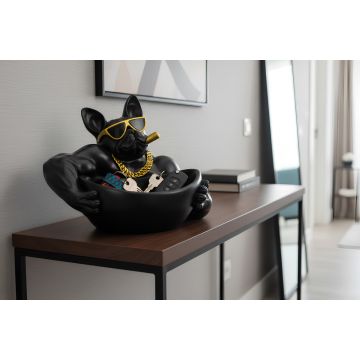 Handgemaakt Decoratief Beeld Bulldog Zwart Kunststof met Opbergschaal
