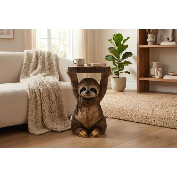 Ronde Bijzettafel Sloth Grijs Bruin Ø50cm met Luiaardbeeld