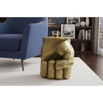 Handgemaakte Ronde Bijzettafel FIST Goud Ø30cm Polyresin met Vuist-Sculptuur