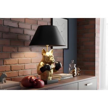 Handgemaakte Tafellamp Bulldog 55cm Zwart Goud met Stoffen Kap
