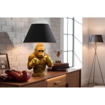 Handgemaakte Tafellamp King Ape 55cm Zwart Goud met Stoffen Kap en Apen Sculptuur