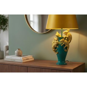 Handgemaakte Tafellamp Chameleon 55cm Groen Goud met Gele Stoffen Kap