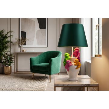 Handgemaakte Tafellamp Monkey Wit Groen 55cm met Groene Stoffen Kap en Aapfiguren