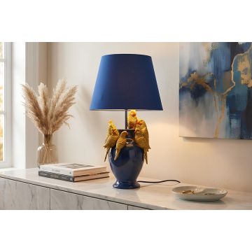 Handgemaakte Tafellamp Parrot 55cm Blauw Goud met Papegaaien Sculptuur Stoffen Kap