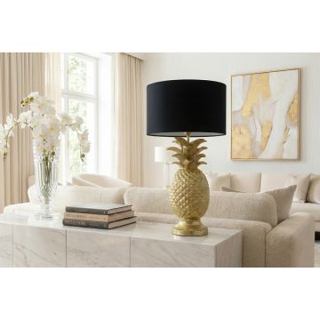 Handgemaakte Tafellamp Pineapple Zwart Goud 50cm met Stoffen Kap