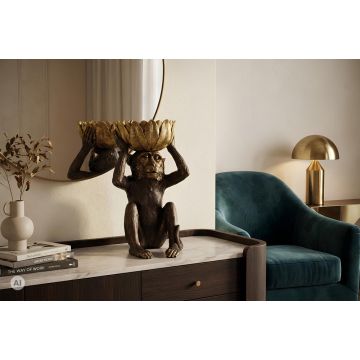 Handgemaakt Decoratief Beeld Monkey Zwart Goud 50cm Polyresin Aap met Schaal
