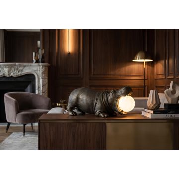 Handgemaakte Tafellamp HIPPO Zwart 45cm Nijlpaard Sculptuur met Lampenbol