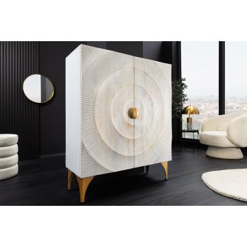 Massief Dressoir Golden Sunset 120cm Witgoud Mangohout met 3D Houtsnijwerk - 48108
