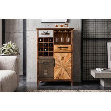 Retro Barkast Atelier Vintage Bruin 122cm Grenenhout met Metalen Deur en Lade