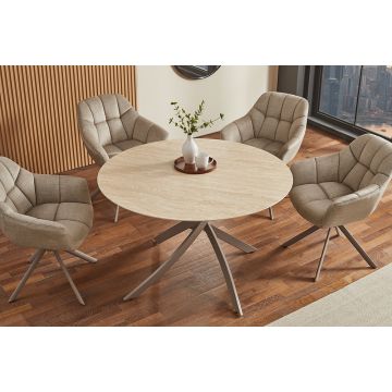 Ronde Eettafel Alpine Champagne Grijsbeige Ø120cm Travertijn Keramiek