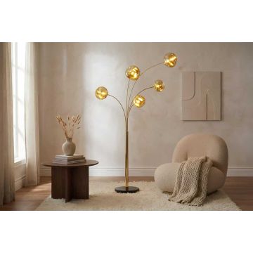 Design Vloerlamp Liquid Diamond 200cm Goudkleurig met Vijf Glazen Kappen en Marmeren Voet - 48501
