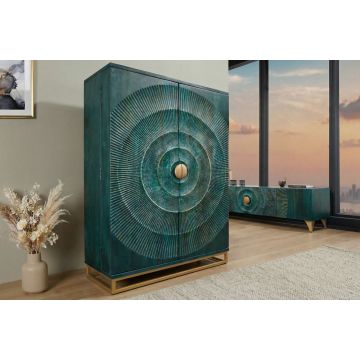 Handgemaakte Barkast Golden Sunset Turquoise met Gouden Details 140cm Mangohout 3D-Snijwerk