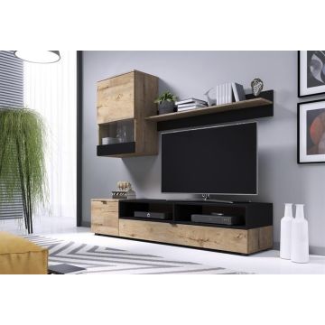3-delige Set TV-meubel SNAP Eiken en Zwart 180cm met glazen deur