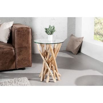 Bijzettafel Driftwood 40cm Massief Teak Hout Met Glasplaat - 19807