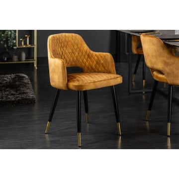 Eetkamerstoel Paris Mosterdgeel Fluweel Met Armleuning - 40573