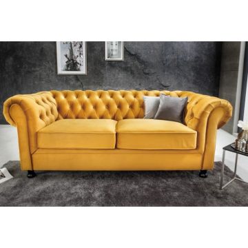 Bank 3-zits Chesterfield Windsor Mosterdgeel 190cm Fluweel - 43117