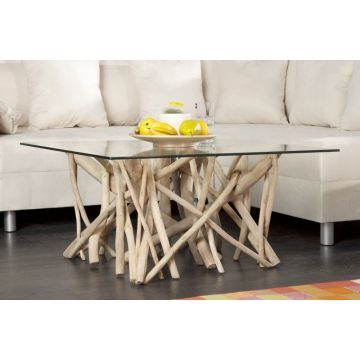 Salontafel Driftwood 80cm Glas/Massief Teak Hout  - 19806