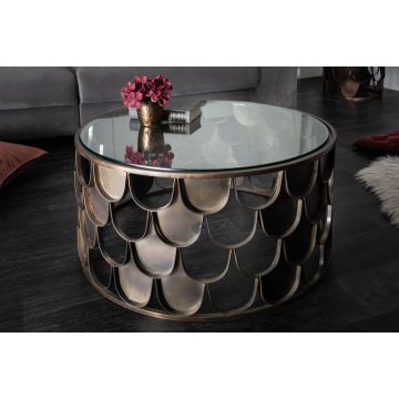 Salontafel Abstract Fish Scales Design 70cm Rond Antiek Messing - 40110