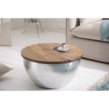 Salontafel Orient Storage Zilver 60cm Rond Massief Mango Hout - 40109