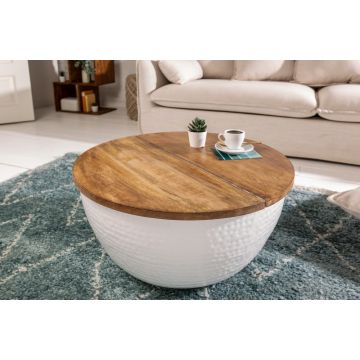 Salontafel Orient Storage Wit 60cm Rond Massief Acacia Hout - 40108